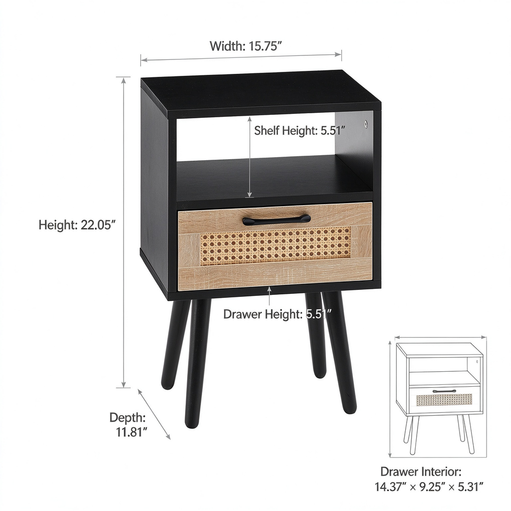 AEELLEEA- Black Rectangle Side Table, MDF Frame with Solid Wood Legs & Rattan Accent, 120 lbs Weight Capacity