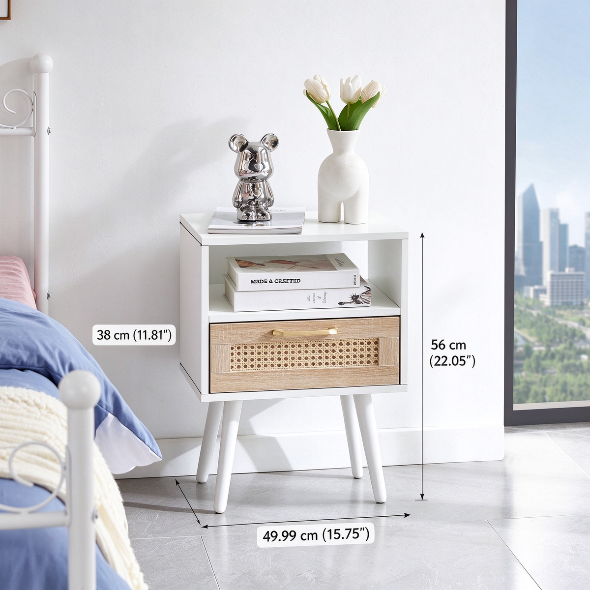 AEELLEEA- Rattan Side Table, Rectangle White End Table with Solid Wood Legs, MDF Frame, 120lbs Load Capacity