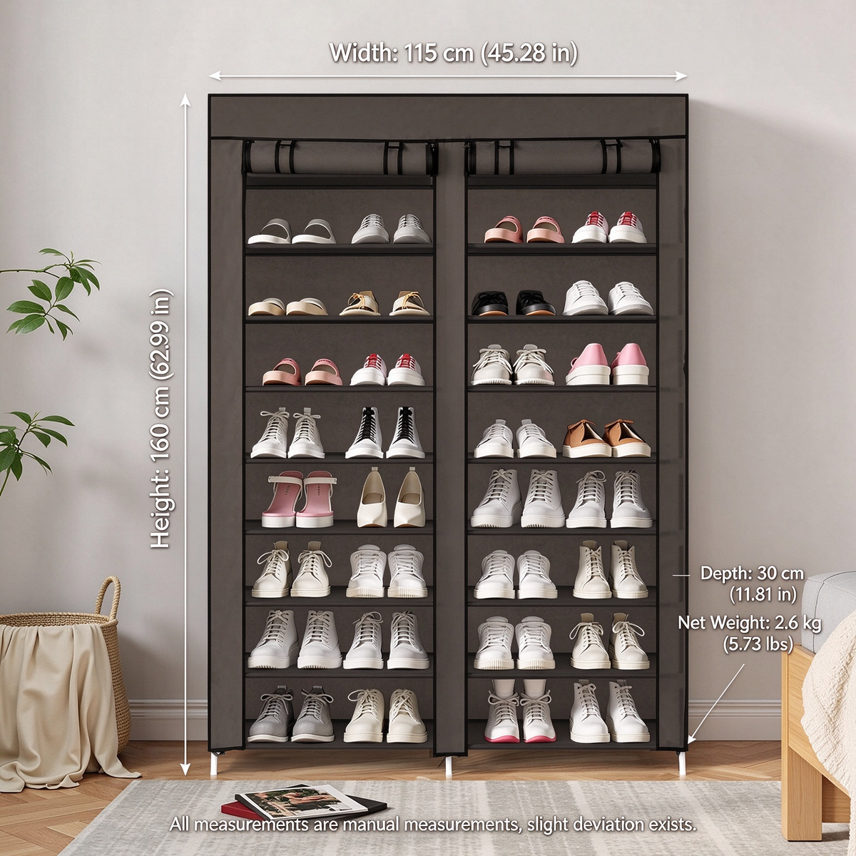AEELLEEA- 10-Tier Double Row Shoe Rack, Gray Fabric Shoe Storage Organizer with Iron Frame, Freestanding Entryway Shoe Cabinet