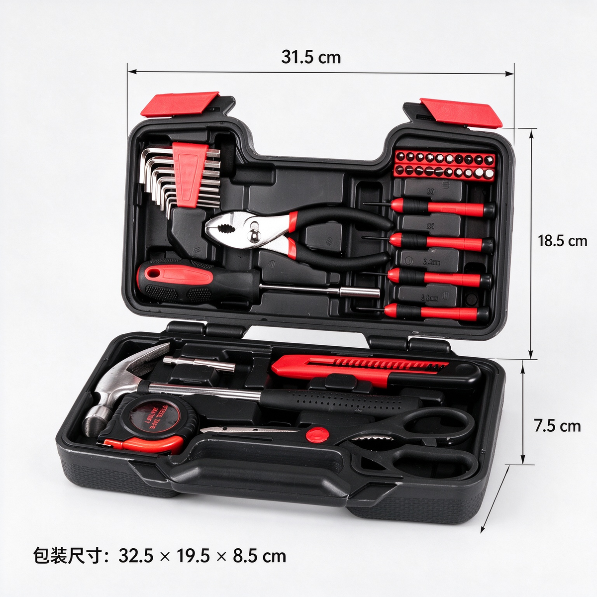 AEELLEEA-39 Piece Household Hand Tool Kit with Red Storage Case, Home Repair DIY Hand Tools Set with Hammer