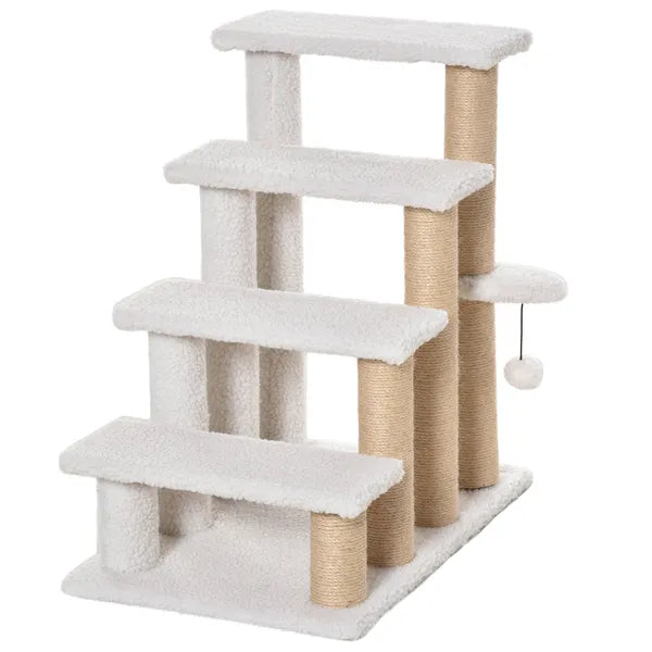 Aeelleea 25.25 Inch 4-Tier Cat Stairs, White Plush Pet Ramp with Sisal Scratching Posts, Multi-Level Steps for Cats to Reach Bed and Sofa