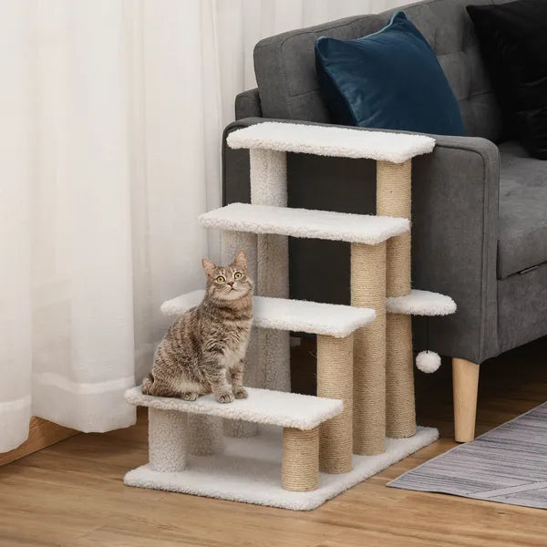 Aeelleea 25.25 Inch 4-Tier Cat Stairs, White Plush Pet Ramp with Sisal Scratching Posts, Multi-Level Steps for Cats to Reach Bed and Sofa