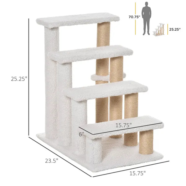 Aeelleea 25.25 Inch 4-Tier Cat Stairs, White Plush Pet Ramp with Sisal Scratching Posts, Multi-Level Steps for Cats to Reach Bed and Sofa