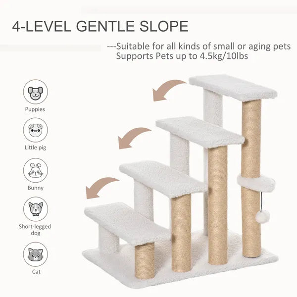Aeelleea 25.25 Inch 4-Tier Cat Stairs, White Plush Pet Ramp with Sisal Scratching Posts, Multi-Level Steps for Cats to Reach Bed and Sofa