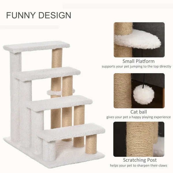 Aeelleea 25.25 Inch 4-Tier Cat Stairs, White Plush Pet Ramp with Sisal Scratching Posts, Multi-Level Steps for Cats to Reach Bed and Sofa