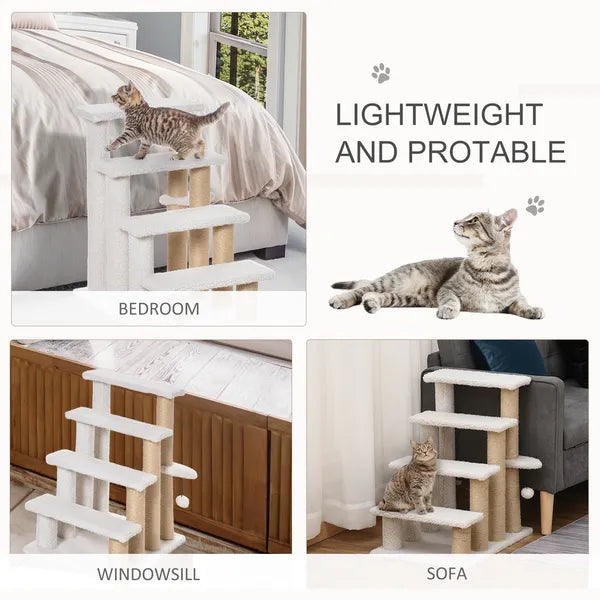 Aeelleea 25.25 Inch 4-Tier Cat Stairs, White Plush Pet Ramp with Sisal Scratching Posts, Multi-Level Steps for Cats to Reach Bed and Sofa
