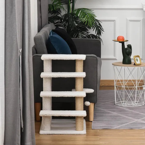 Aeelleea 25.25 Inch 4-Tier Cat Stairs, White Plush Pet Ramp with Sisal Scratching Posts, Multi-Level Steps for Cats to Reach Bed and Sofa