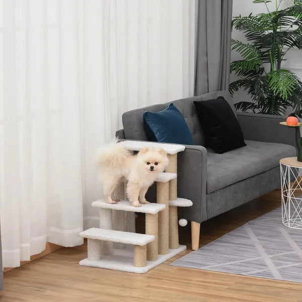 Aeelleea 25.25 Inch 4-Tier Cat Stairs, White Plush Pet Ramp with Sisal Scratching Posts, Multi-Level Steps for Cats to Reach Bed and Sofa