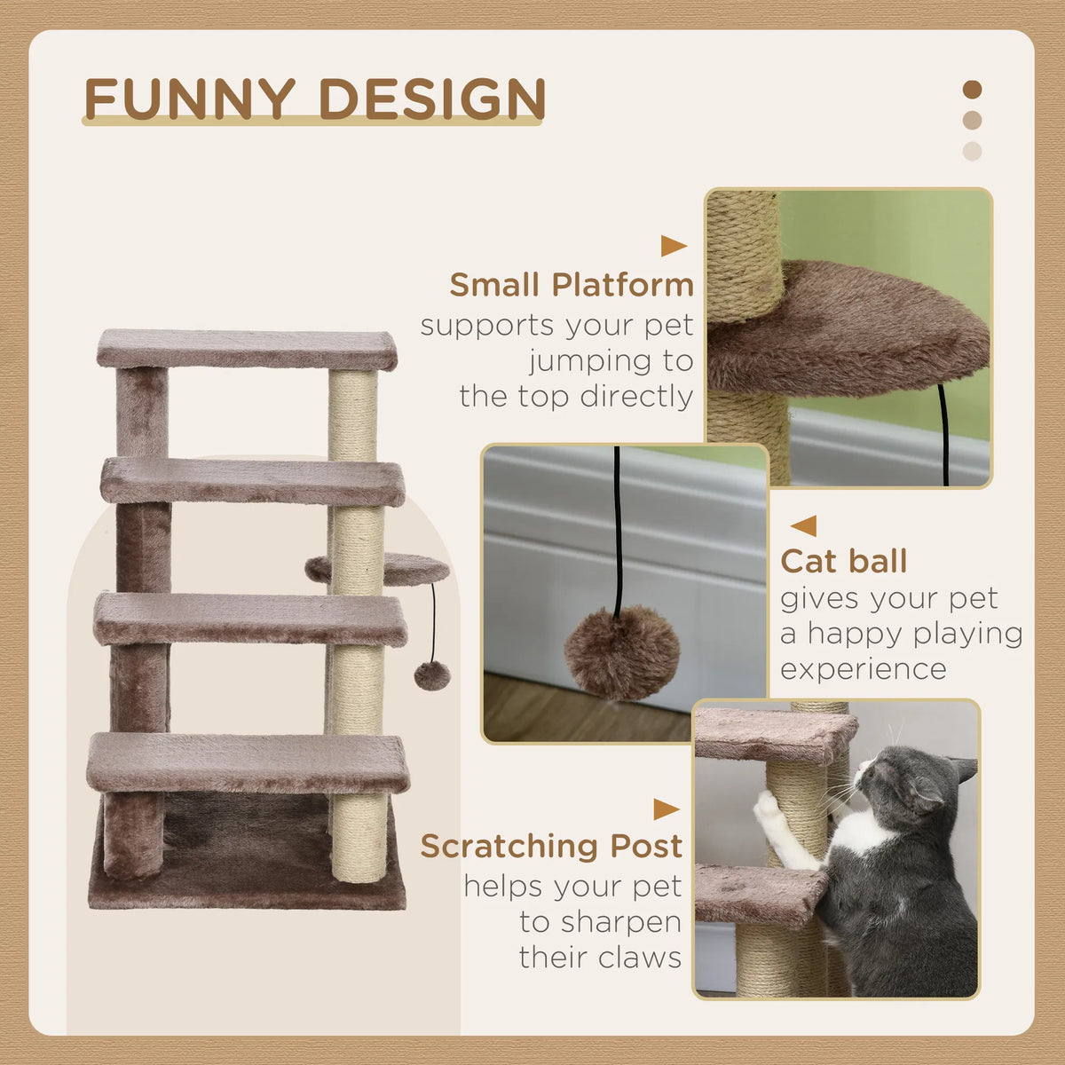 4-Tier Cat Steps with Scratching Post, Soft Flannel Cat Stair Ladder with Interactive Ball, for Bed Sofa, Supports Cats Up to 10 lbs, Brown