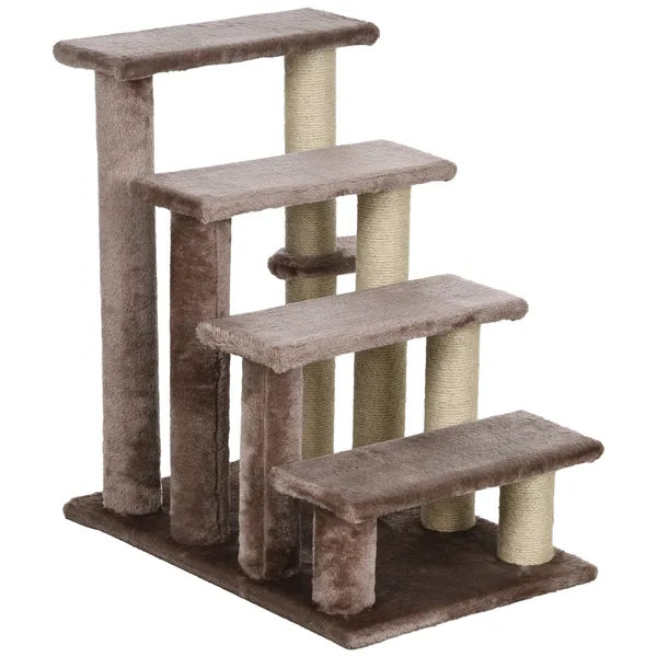 4-Tier Cat Steps with Scratching Post, Soft Flannel Cat Stair Ladder with Interactive Ball, for Bed Sofa, Supports Cats Up to 10 lbs, Brown