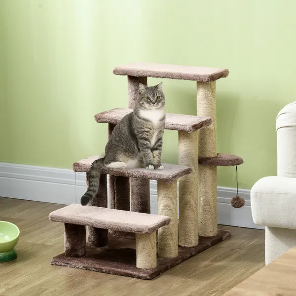 4-Tier Cat Steps with Scratching Post, Soft Flannel Cat Stair Ladder with Interactive Ball, for Bed Sofa, Supports Cats Up to 10 lbs, Brown