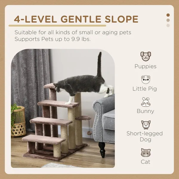 4-Tier Cat Steps with Scratching Post, Soft Flannel Cat Stair Ladder with Interactive Ball, for Bed Sofa, Supports Cats Up to 10 lbs, Brown