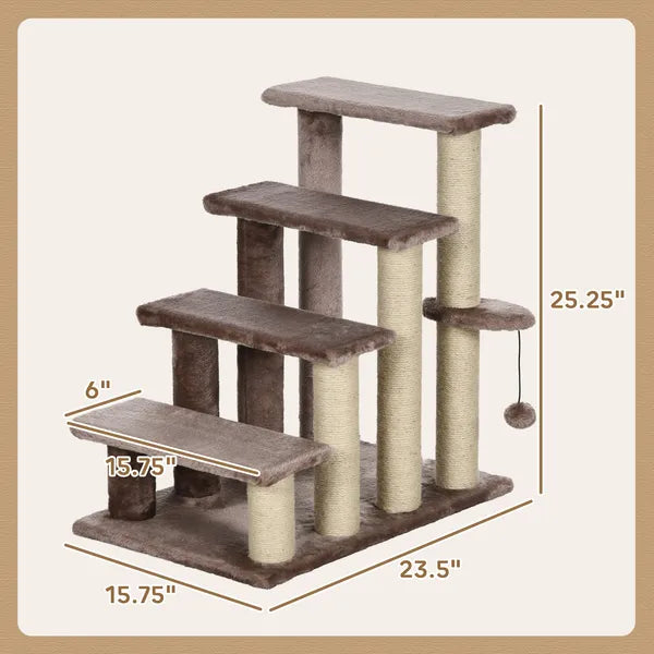 4-Tier Cat Steps with Scratching Post, Soft Flannel Cat Stair Ladder with Interactive Ball, for Bed Sofa, Supports Cats Up to 10 lbs, Brown