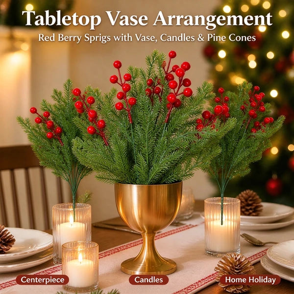 Aeelleea 4 Pack Christmas Pine Berry Branches, 36cm 5 Head Cypress Picks with Red Berries for Holiday Decor
