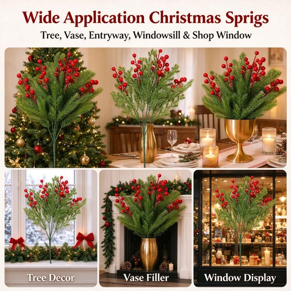 Aeelleea 4 Pack Christmas Pine Berry Branches, 36cm 5 Head Cypress Picks with Red Berries for Holiday Decor