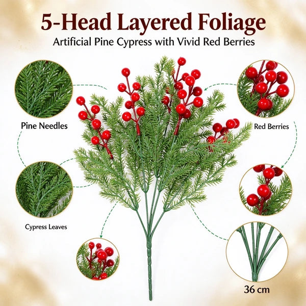 Aeelleea 4 Pack Christmas Pine Berry Branches, 36cm 5 Head Cypress Picks with Red Berries for Holiday Decor