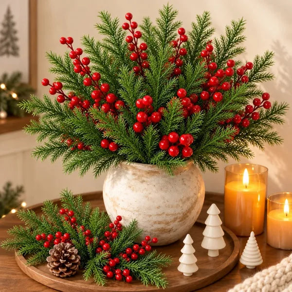 Aeelleea 4 Pack Christmas Pine Berry Branches, 36cm 5 Head Cypress Picks with Red Berries for Holiday Decor