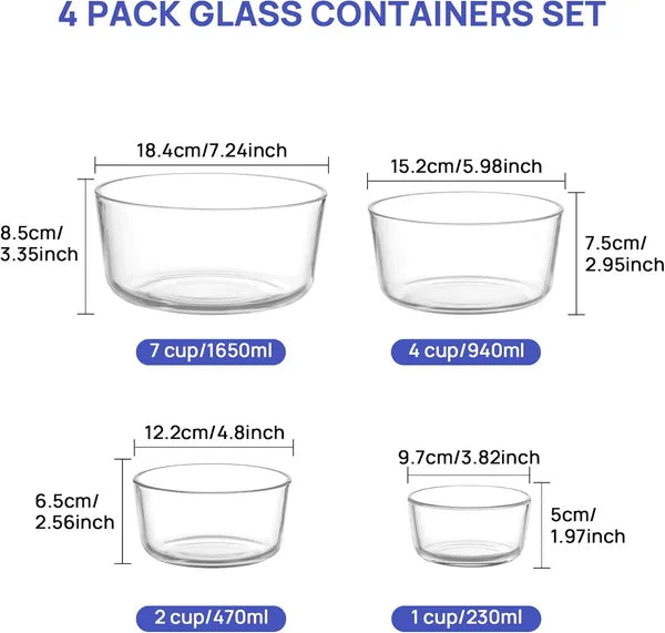 4 Pack Glass Food Storage Bowls with Lids, 1/2/4/7 Cup, Meal Prep Containers, Microwave Freezer Dishwasher Safe Lunch Boxes