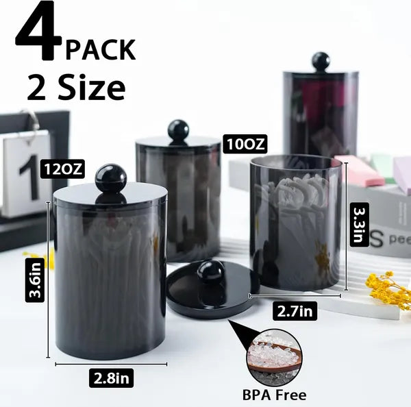 Aeelleea 4 Pack Bathroom Canister Set, 10oz & 12oz Black Plastic Storage Jars with Lids, BPA Free Containers for Cotton Swabs Cotton Balls Floss Picks