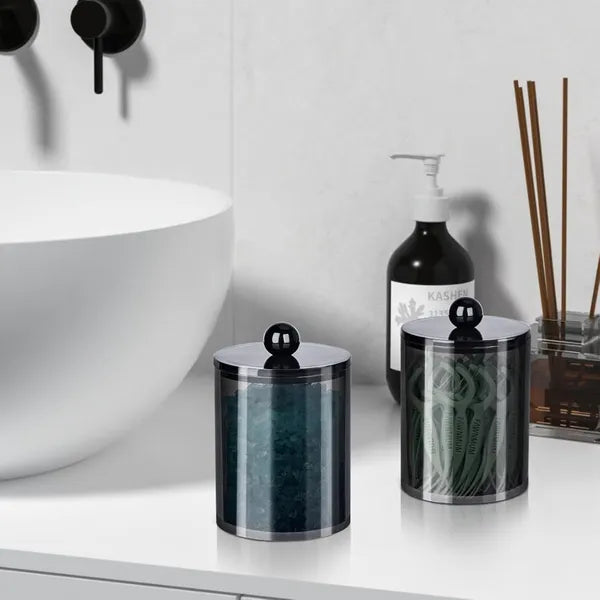 Aeelleea 4 Pack Bathroom Canister Set, 10oz & 12oz Black Plastic Storage Jars with Lids, BPA Free Containers for Cotton Swabs Cotton Balls Floss Picks
