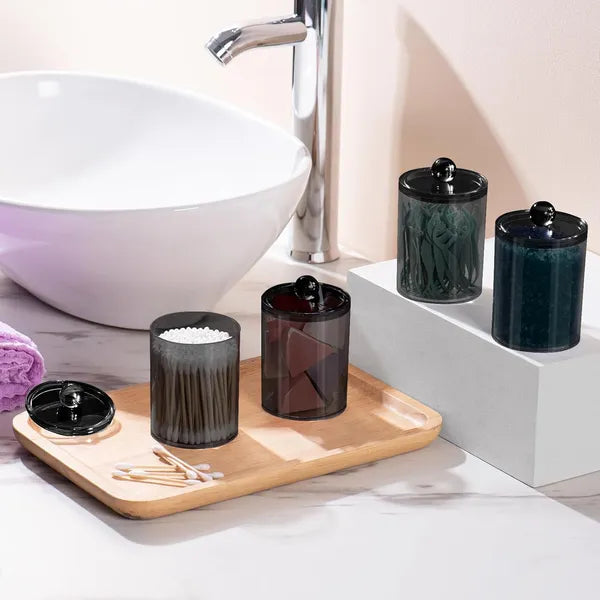 Aeelleea 4 Pack Bathroom Canister Set, 10oz & 12oz Black Plastic Storage Jars with Lids, BPA Free Containers for Cotton Swabs Cotton Balls Floss Picks