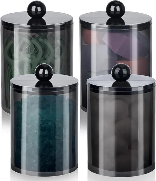 Aeelleea 4 Pack Bathroom Canister Set, 10oz & 12oz Black Plastic Storage Jars with Lids, BPA Free Containers for Cotton Swabs Cotton Balls Floss Picks