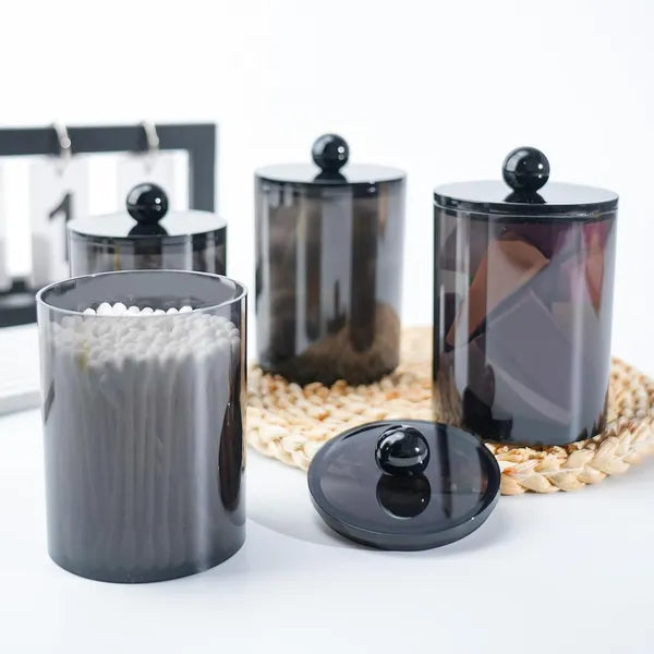 Aeelleea 4 Pack Bathroom Canister Set, 10oz & 12oz Black Plastic Storage Jars with Lids, BPA Free Containers for Cotton Swabs Cotton Balls Floss Picks