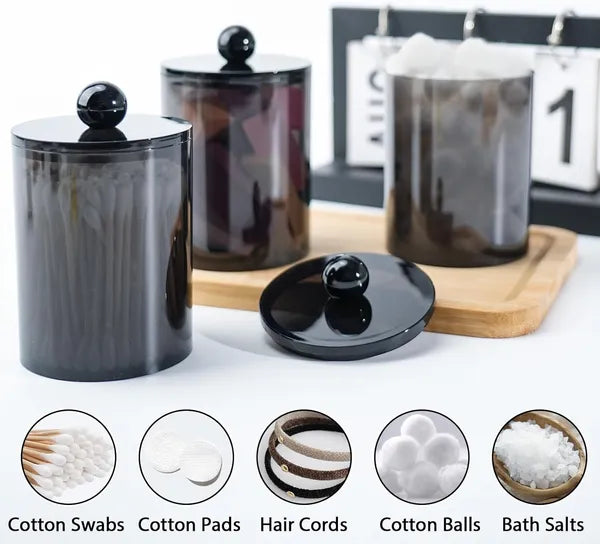 Aeelleea 4 Pack Bathroom Canister Set, 10oz & 12oz Black Plastic Storage Jars with Lids, BPA Free Containers for Cotton Swabs Cotton Balls Floss Picks