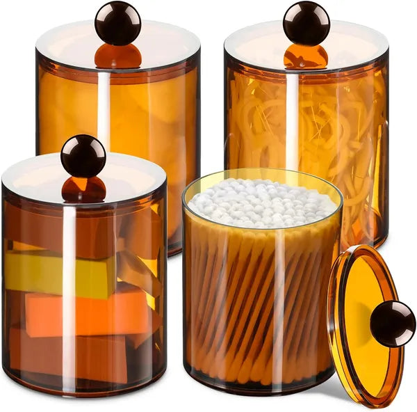 Aeelleea 4 Pack Plastic Apothecary Jars with Lids, 10-12oz Brown Bathroom Canister Set for Cotton Balls, Swabs, Pads, Floss Picks Vanity Storage