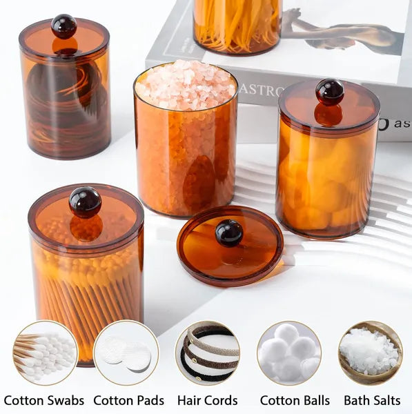 Aeelleea 4 Pack Plastic Apothecary Jars with Lids, 10-12oz Brown Bathroom Canister Set for Cotton Balls, Swabs, Pads, Floss Picks Vanity Storage