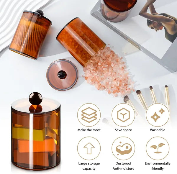 Aeelleea 4 Pack Plastic Apothecary Jars with Lids, 10-12oz Brown Bathroom Canister Set for Cotton Balls, Swabs, Pads, Floss Picks Vanity Storage