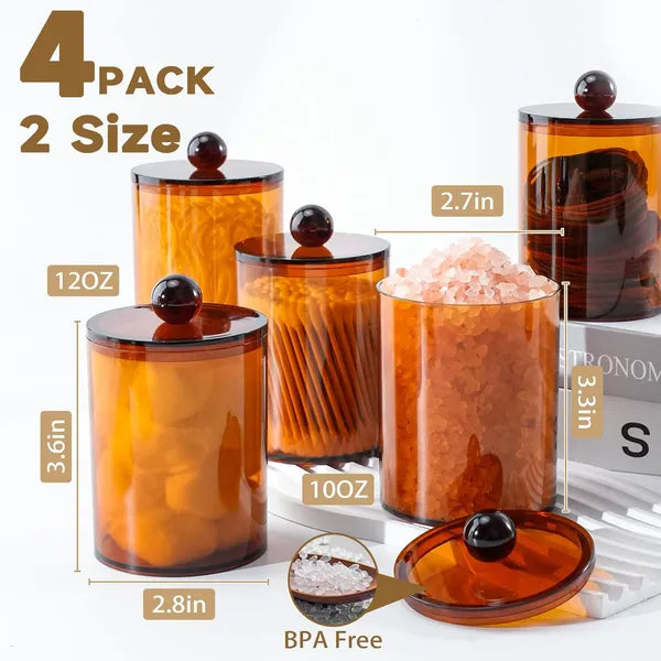 Aeelleea 4 Pack Plastic Apothecary Jars with Lids, 10-12oz Brown Bathroom Canister Set for Cotton Balls, Swabs, Pads, Floss Picks Vanity Storage
