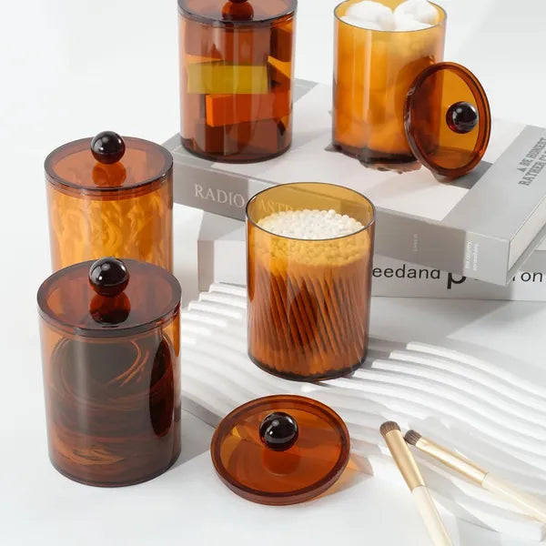 Aeelleea 4 Pack Plastic Apothecary Jars with Lids, 10-12oz Brown Bathroom Canister Set for Cotton Balls, Swabs, Pads, Floss Picks Vanity Storage