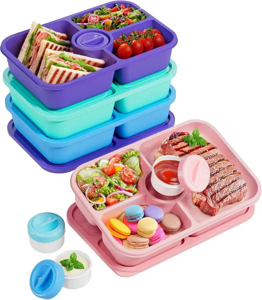 4 Pack 4 Compartment Stackable Food Storage Containers with Lids, Meal Prep Lunch Box with Sauce Cups