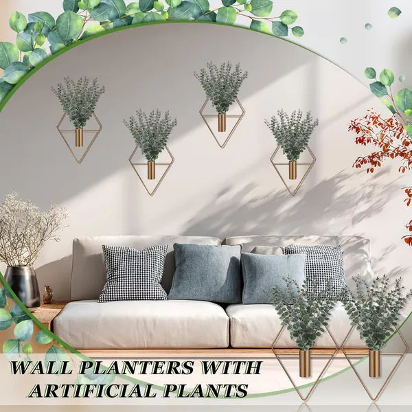 Aeelleea 4 Pack Geometric Metal Wall Planter with Artificial Eucalyptus, 10×5 Inch Boho Wall Hanging Vase for Bathroom Living Room Home Decor
