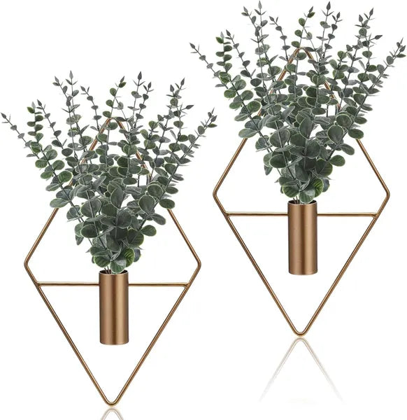Aeelleea 4 Pack Geometric Metal Wall Planter with Artificial Eucalyptus, 10×5 Inch Boho Wall Hanging Vase for Bathroom Living Room Home Decor