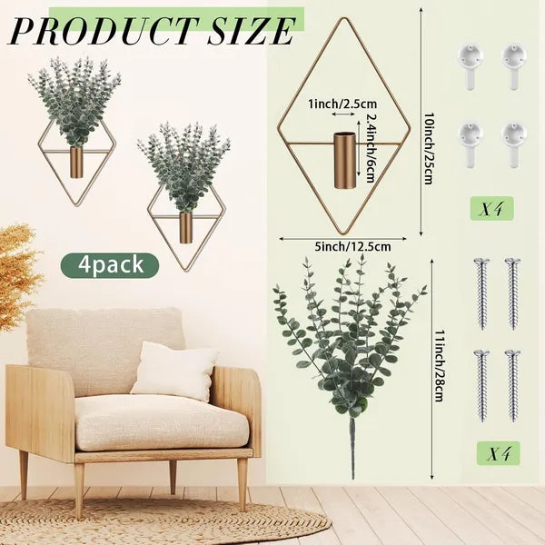 Aeelleea 4 Pack Geometric Metal Wall Planter with Artificial Eucalyptus, 10×5 Inch Boho Wall Hanging Vase for Bathroom Living Room Home Decor