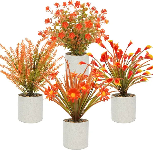 AEELLEEA  4 Pcs Small Artificial Fall Potted Plants, Fake Autumn Flowers in Cement Pots, Faux Plants for Shelf Tabletop Indoor Home Bathroom Office Decor