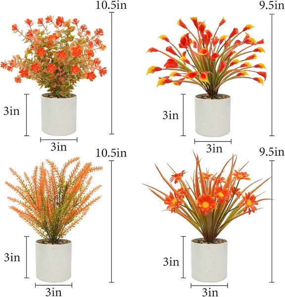 AEELLEEA  4 Pcs Small Artificial Fall Potted Plants, Fake Autumn Flowers in Cement Pots, Faux Plants for Shelf Tabletop Indoor Home Bathroom Office Decor
