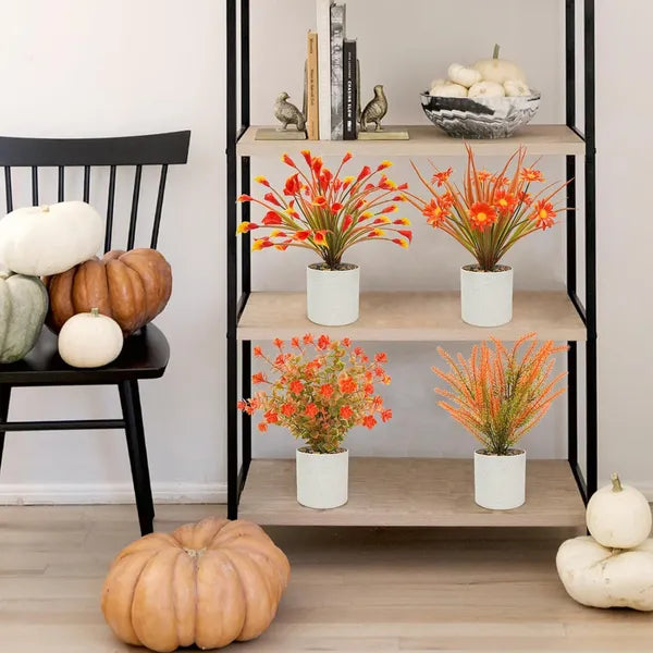 AEELLEEA  4 Pcs Small Artificial Fall Potted Plants, Fake Autumn Flowers in Cement Pots, Faux Plants for Shelf Tabletop Indoor Home Bathroom Office Decor