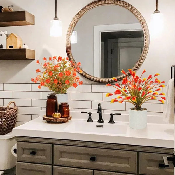 AEELLEEA  4 Pcs Small Artificial Fall Potted Plants, Fake Autumn Flowers in Cement Pots, Faux Plants for Shelf Tabletop Indoor Home Bathroom Office Decor