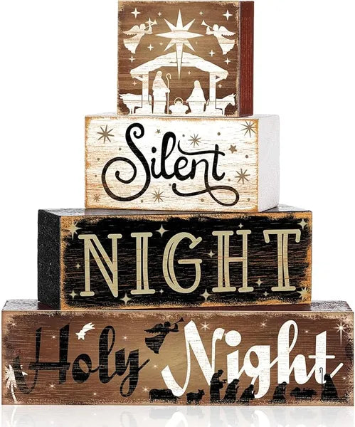 Aeelleea 4 Pcs Wooden Christmas Nativity Table Signs, Holy Night Farmhouse Tiered Tray Decor, Winter Xmas Table Centerpieces ****