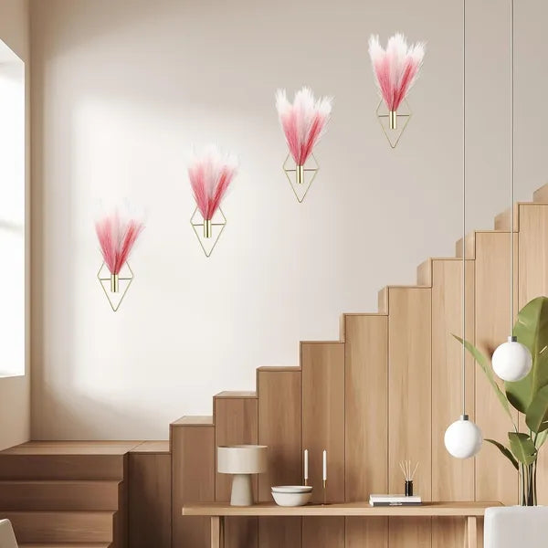 Set of 4 Boho Metal Wall Hanging Planters with Artificial Reed, Modern Wall Vase Decor for Bedroom & Home Office, Dusty Rose, Beige, Light Pink & Gradient Pink