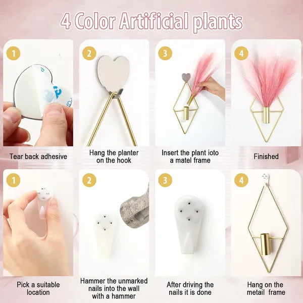 Set of 4 Boho Metal Wall Hanging Planters with Artificial Reed, Modern Wall Vase Decor for Bedroom & Home Office, Dusty Rose, Beige, Light Pink & Gradient Pink