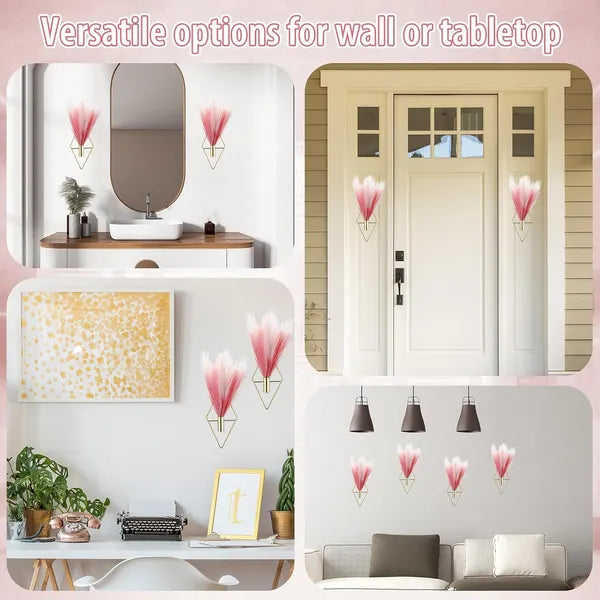 Set of 4 Boho Metal Wall Hanging Planters with Artificial Reed, Modern Wall Vase Decor for Bedroom & Home Office, Dusty Rose, Beige, Light Pink & Gradient Pink