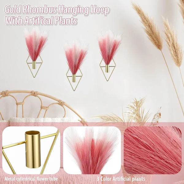 Set of 4 Boho Metal Wall Hanging Planters with Artificial Reed, Modern Wall Vase Decor for Bedroom & Home Office, Dusty Rose, Beige, Light Pink & Gradient Pink