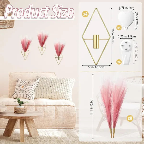 Set of 4 Boho Metal Wall Hanging Planters with Artificial Reed, Modern Wall Vase Decor for Bedroom & Home Office, Dusty Rose, Beige, Light Pink & Gradient Pink