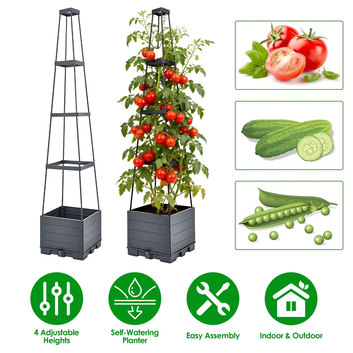 Self-Watering 2L Tank Raised Garden Bed with Adjustable Trellis, 4-Height Tomato Planter Box, 10 Clips & 65ft Ties, Indoor Outdoor