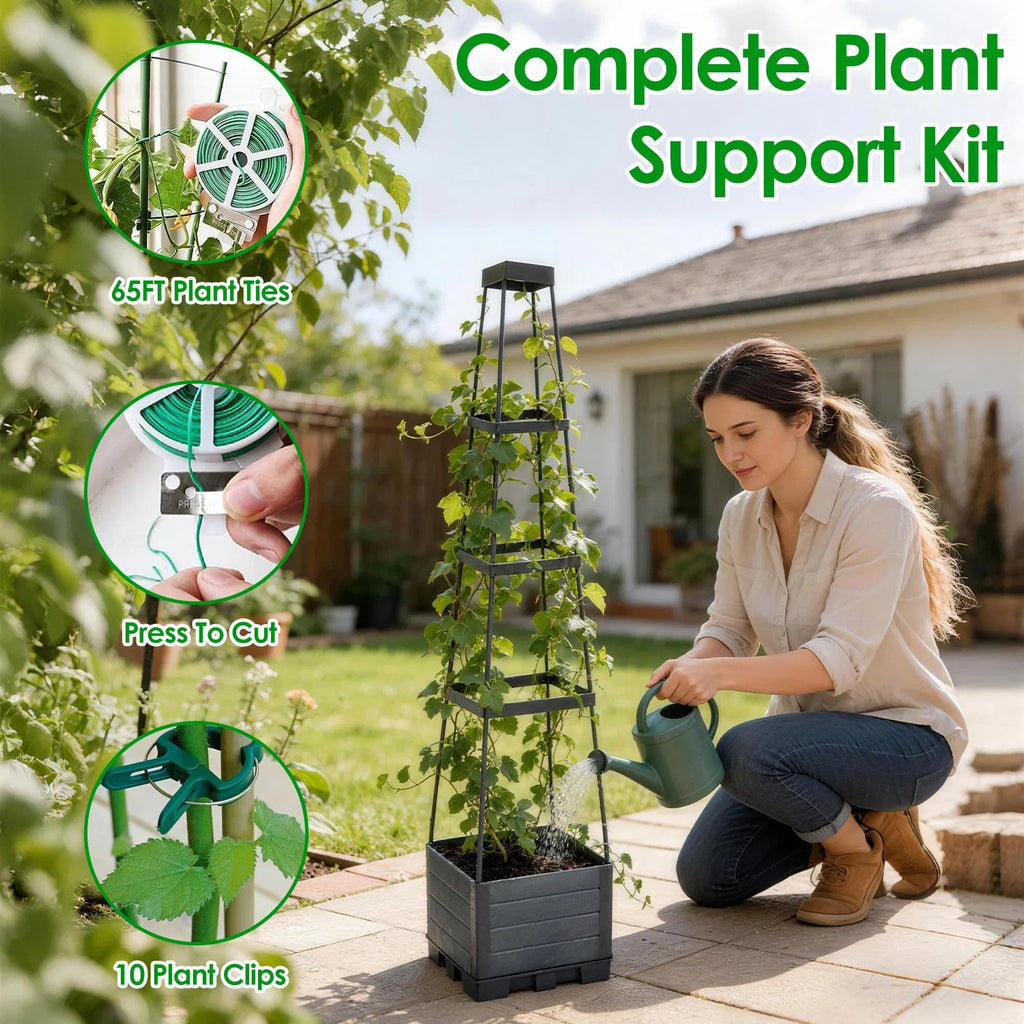 Self-Watering 2L Tank Raised Garden Bed with Adjustable Trellis, 4-Height Tomato Planter Box, 10 Clips & 65ft Ties, Indoor Outdoor