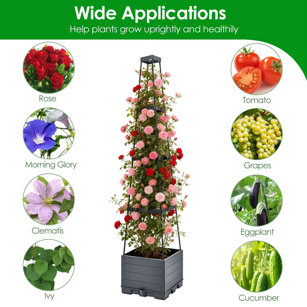 Self-Watering 2L Tank Raised Garden Bed with Adjustable Trellis, 4-Height Tomato Planter Box, 10 Clips & 65ft Ties, Indoor Outdoor